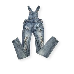 Dollhouse Distressed Skinny Denim Overalls Medium Wash Ripped Split Hem Size 5